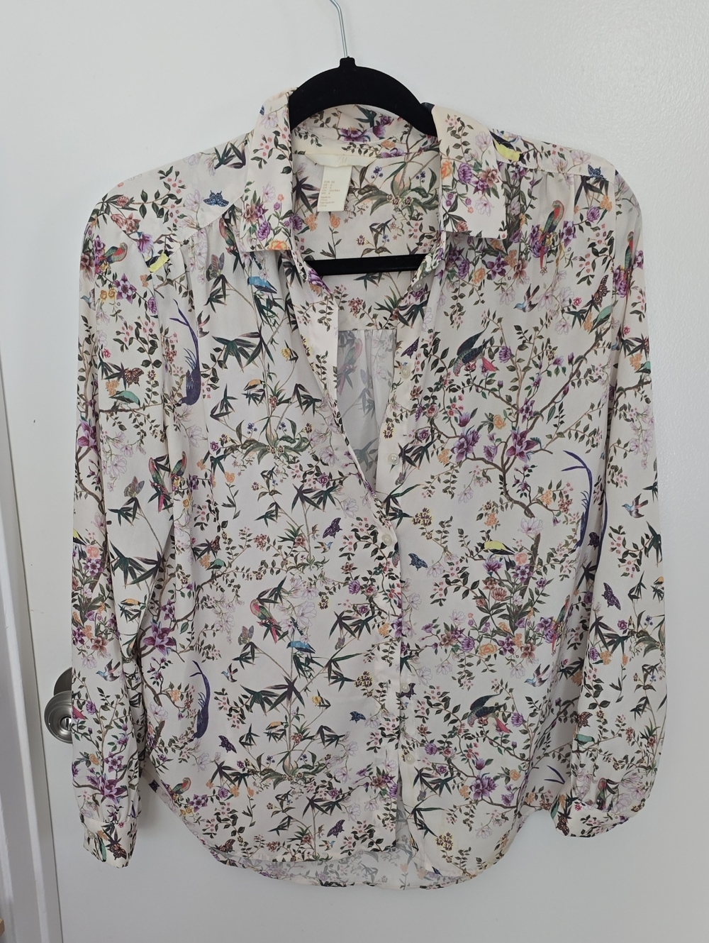 H&M Cream Floral Button-Up Blouse with Purple & Green Accents